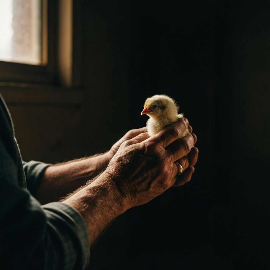 Master poultry farmer holding a young chick